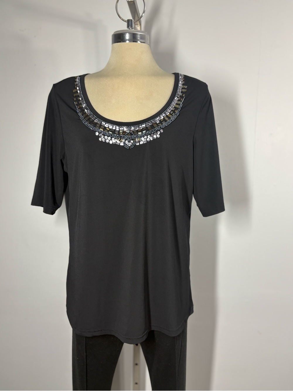 Reitmans Black Short-Sleeve Top with Beaded Scoop Neck